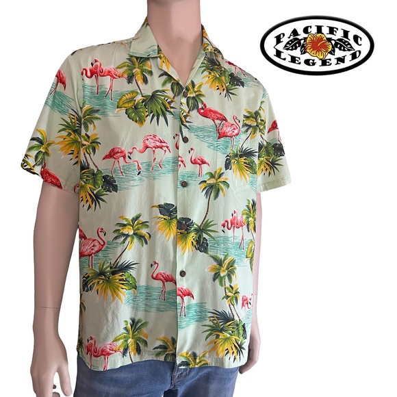 Pacific Legend Hawaiian Shirt Tiki Vintage Flamingoes Palm Trees 100% Cotton - Picture 1 of 12